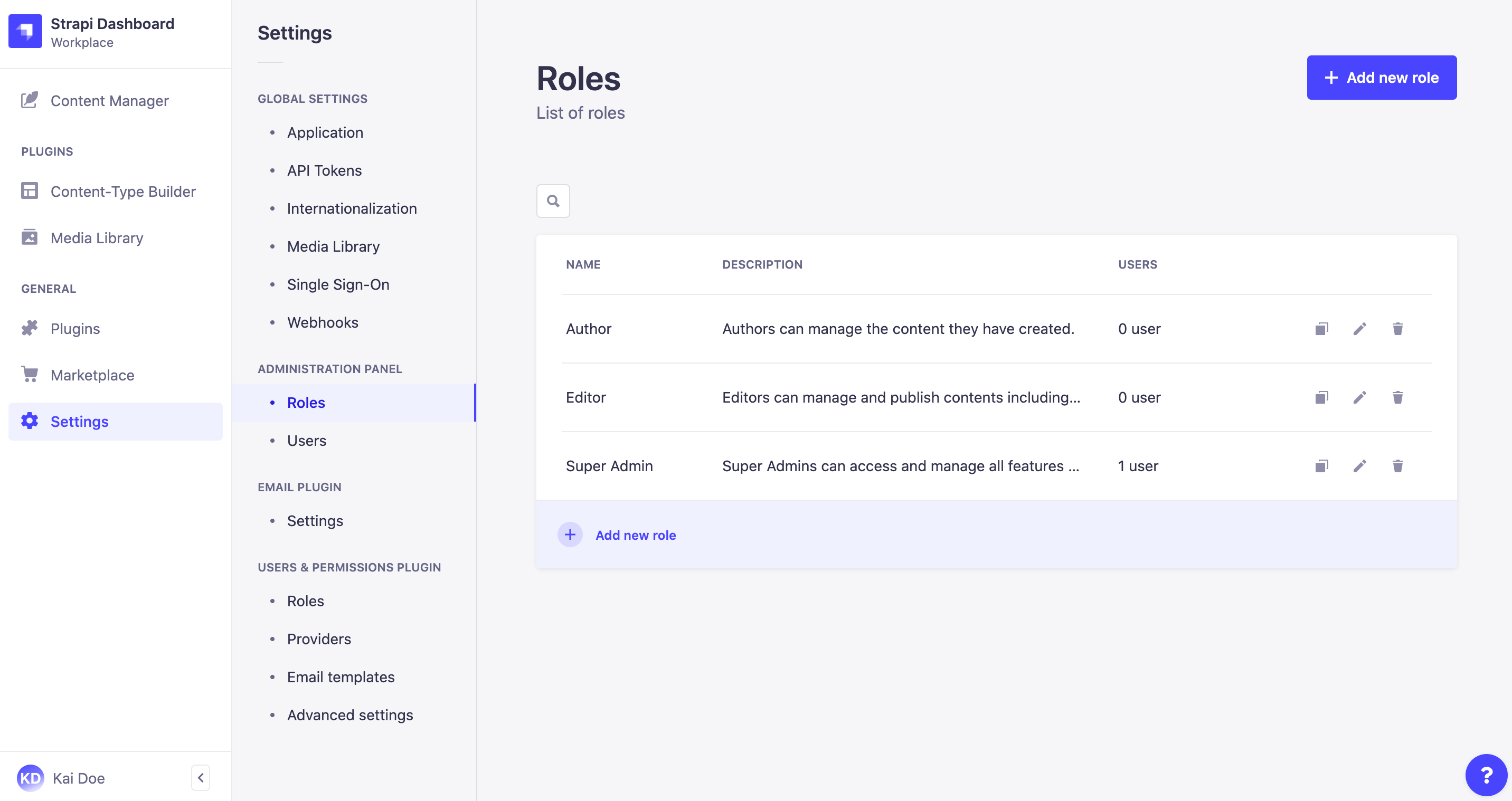 Administrator roles interface